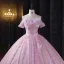 Chic / Beautiful Blushing Pink Sequins Lace Butterfly Appliques Prom Dresses 2025 Ball Gown Off-The-Shoulder Short Sleeve Backless Floor-Length / Long Formal Dresses