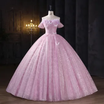 Chic Beautiful Blushing Pink Sequins Lace Butterfly Appliques Prom Dresses 2025 Ball Gown Off The Shoulder Short Sleeve Backless Floor Length Long Formal Dresses