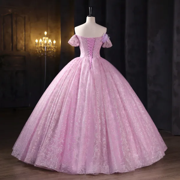 Chic / Beautiful Blushing Pink Sequins Lace Butterfly Appliques Prom Dresses 2025 Ball Gown Off-The-Shoulder Short Sleeve Backless Floor-Length / Long Formal Dresses