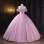 Chic / Beautiful Blushing Pink Sequins Lace Butterfly Appliques Prom Dresses 2025 Ball Gown Off-The-Shoulder Short Sleeve Backless Floor-Length / Long Formal Dresses