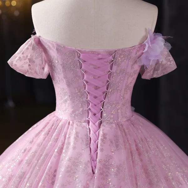 Chic / Beautiful Blushing Pink Sequins Lace Butterfly Appliques Prom Dresses 2025 Ball Gown Off-The-Shoulder Short Sleeve Backless Floor-Length / Long Formal Dresses