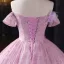 Chic / Beautiful Blushing Pink Sequins Lace Butterfly Appliques Prom Dresses 2025 Ball Gown Off-The-Shoulder Short Sleeve Backless Floor-Length / Long Formal Dresses