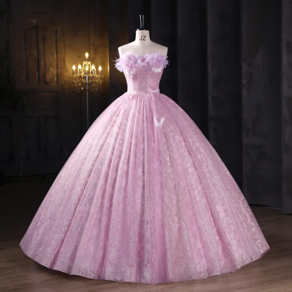 Chic / Beautiful Blushing Pink Sequins Lace Butterfly Appliques Prom Dresses 2025 Ball Gown Off-The-Shoulder Short Sleeve Backless Floor-Length / Long Formal Dresses