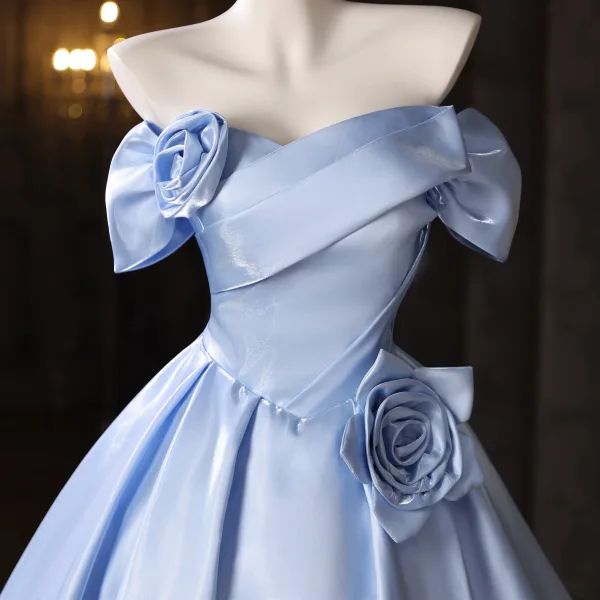 Chic / Beautiful Sky Blue Flower Short Homecoming Graduation Dresses 2025 Ball Gown Off-The-Shoulder Short Sleeve Backless
