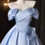 Chic / Beautiful Sky Blue Flower Short Homecoming Graduation Dresses 2025 Ball Gown Off-The-Shoulder Short Sleeve Backless