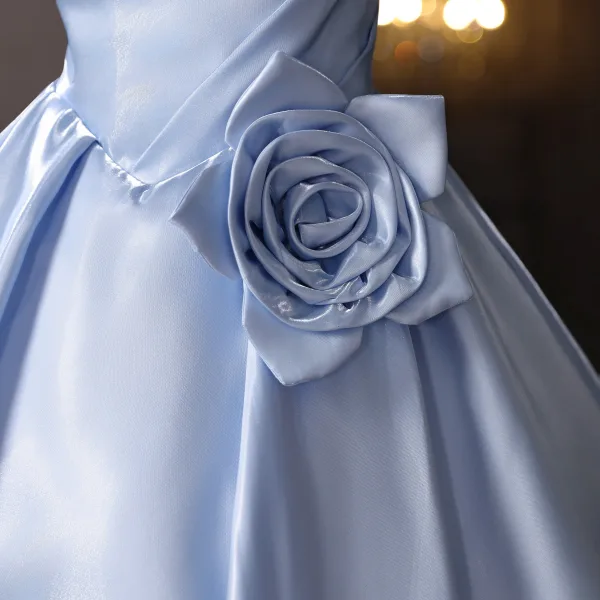 Chic / Beautiful Sky Blue Flower Short Homecoming Graduation Dresses 2025 Ball Gown Off-The-Shoulder Short Sleeve Backless