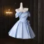 Chic / Beautiful Sky Blue Flower Short Homecoming Graduation Dresses 2025 Ball Gown Off-The-Shoulder Short Sleeve Backless