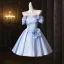 Chic / Beautiful Sky Blue Flower Short Homecoming Graduation Dresses 2025 Ball Gown Off-The-Shoulder Short Sleeve Backless