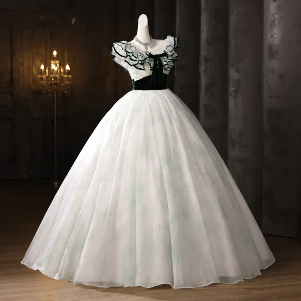 Elegant White Bow Sash Prom Dresses 2025 Ball Gown Strapless Sleeveless Backless Floor-Length / Long Formal Dresses