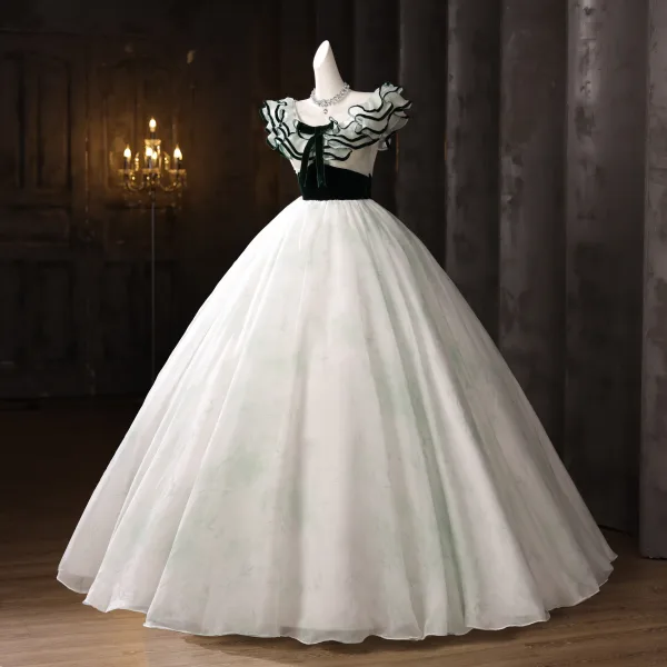 Elegant White Bow Sash Prom Dresses 2025 Ball Gown Strapless Sleeveless Backless Floor-Length / Long Formal Dresses