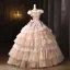 Vintage / Retro Medieval Champagne Cascading Ruffles Bow Lace Flower Prom Dresses 2025 Ball Gown Square Neckline Short Sleeve Backless Floor-Length / Long Formal Dresses