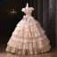 Vintage / Retro Medieval Champagne Cascading Ruffles Bow Lace Flower Prom Dresses 2025 Ball Gown Square Neckline Short Sleeve Backless Floor-Length / Long Formal Dresses