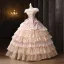 Vintage / Retro Medieval Champagne Cascading Ruffles Bow Lace Flower Prom Dresses 2025 Ball Gown Square Neckline Short Sleeve Backless Floor-Length / Long Formal Dresses