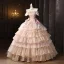 Vintage / Retro Medieval Champagne Cascading Ruffles Bow Lace Flower Prom Dresses 2025 Ball Gown Square Neckline Short Sleeve Backless Floor-Length / Long Formal Dresses