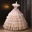 Vintage / Retro Medieval Champagne Cascading Ruffles Bow Lace Flower Prom Dresses 2025 Ball Gown Square Neckline Short Sleeve Backless Floor-Length / Long Formal Dresses