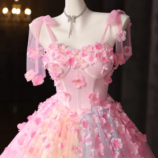 Blumenfee Rosa Regenbogen Perle Applikationen Ballkleider 2025 Ballkleid Spaghettiträger Ärmellos Rückenfreies Lange Festliche Kleider
