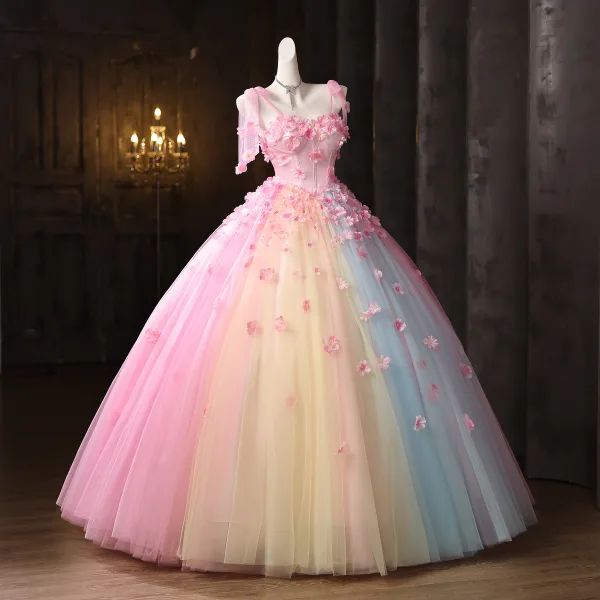Blumenfee Rosa Regenbogen Perle Applikationen Ballkleider 2025 Ballkleid Spaghettiträger Ärmellos Rückenfreies Lange Festliche Kleider