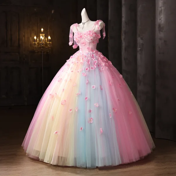 Blumenfee Rosa Regenbogen Perle Applikationen Ballkleider 2025 Ballkleid Spaghettiträger Ärmellos Rückenfreies Lange Festliche Kleider