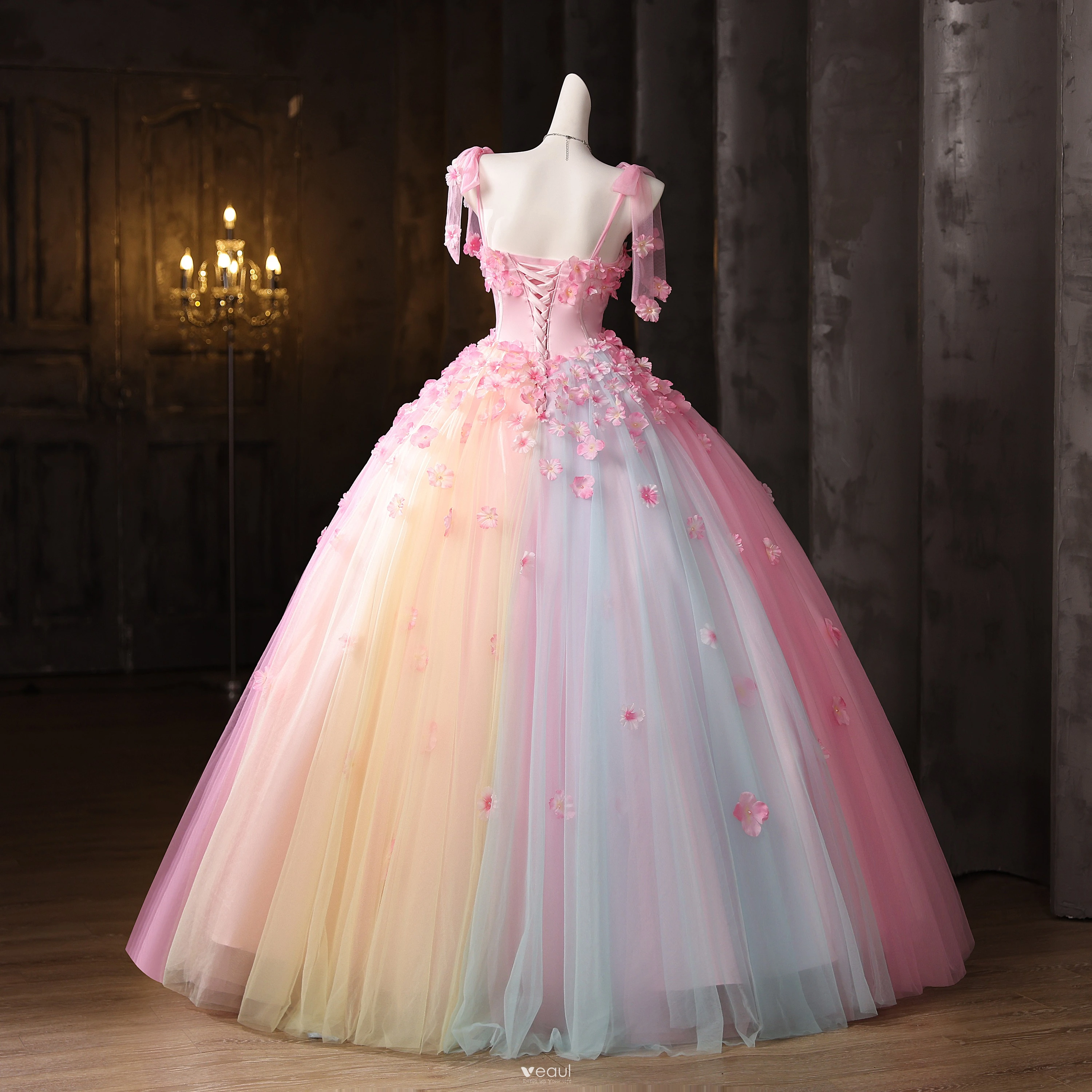 Flower Fairy Blushing Pink Rainbow Pearl Appliques Prom Dresses 2025 Ball  Gown Spaghetti Straps Sleeveless Backless Floor-Length / Long Formal Dresses