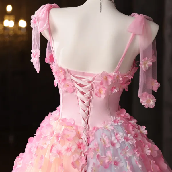 Flower Fairy Blushing Pink Rainbow Pearl Appliques Prom Dresses 2025 Ball Gown Spaghetti