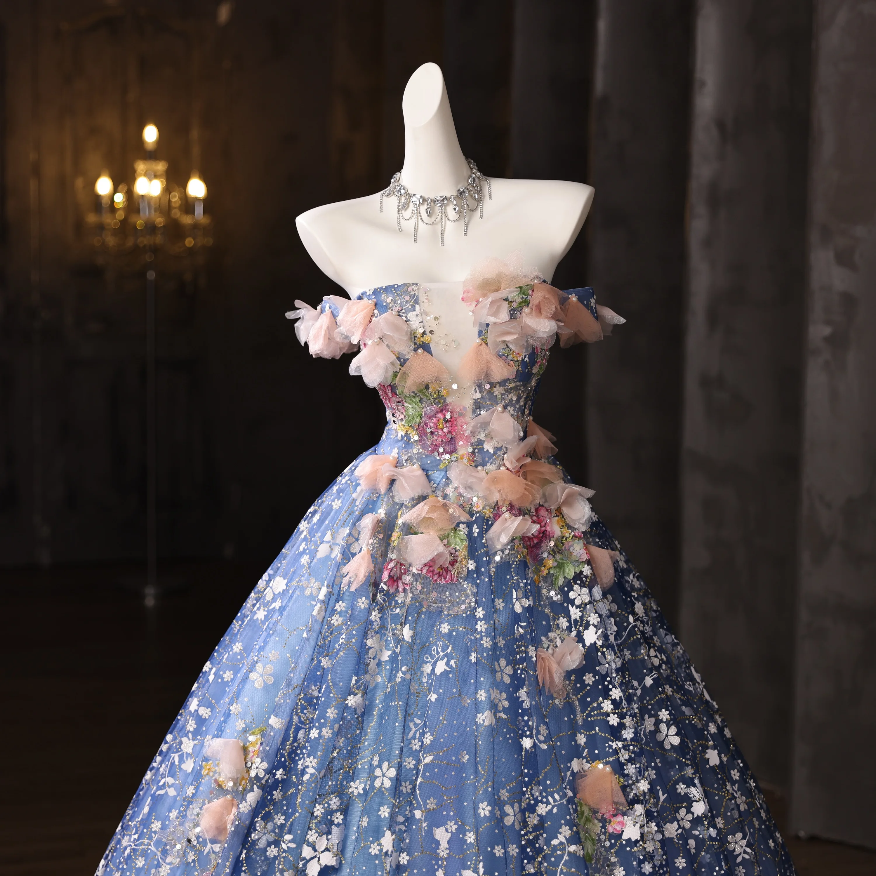 Flower Fairy Fashion Pool Blue Beading Printing Glitter Sequins Appliques Prom Dresses
