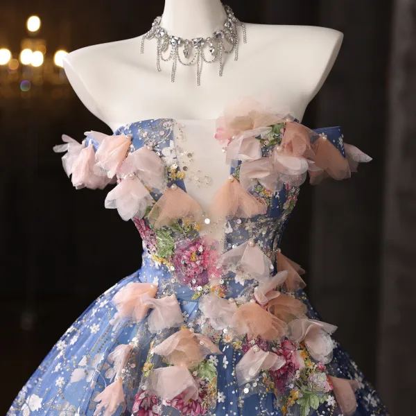 Flower Fairy Fashion Pool Blue Beading Printing Glitter Sequins Appliques Prom Dresses 2025 Ball Gown Off-The-Shoulder Short Sleeve Backless Floor-Length / Long