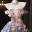 Flower Fairy Fashion Pool Blue Beading Printing Glitter Sequins Appliques Prom Dresses 2025 Ball Gown Off-The-Shoulder Short Sleeve Backless Floor-Length / Long