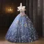 Flower Fairy Fashion Pool Blue Beading Printing Glitter Sequins Appliques Prom Dresses 2025 Ball Gown Off-The-Shoulder Short Sleeve Backless Floor-Length / Long
