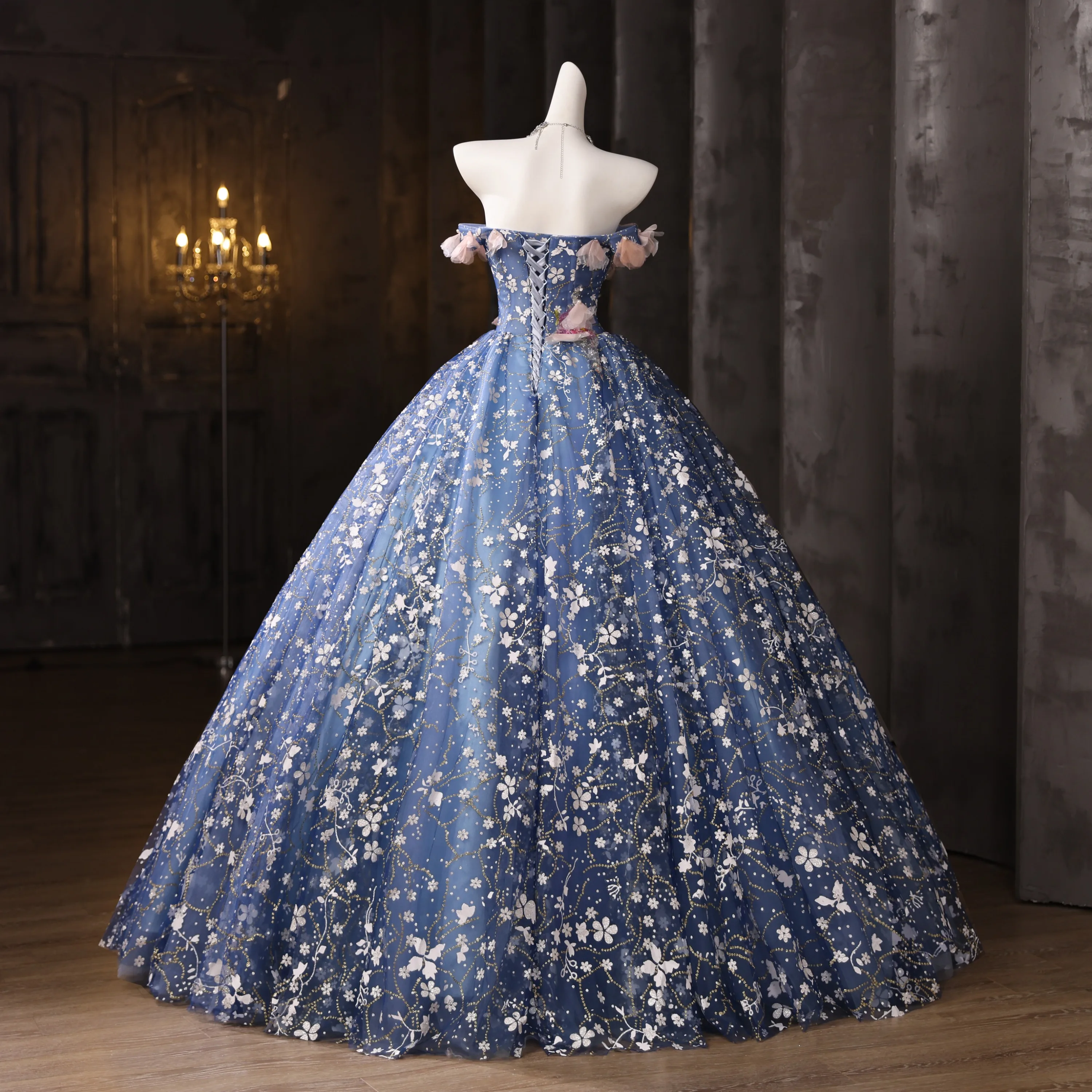 olive green dress for wedding Fairy Blue Tulle Off Shoulder Lace Embroidery Dress main image 1