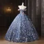 Flower Fairy Fashion Pool Blue Beading Printing Glitter Sequins Appliques Prom Dresses 2025 Ball Gown Off-The-Shoulder Short Sleeve Backless Floor-Length / Long