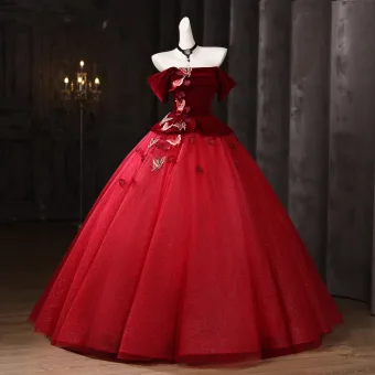 Vintage Retro Red Appliques Lace Butterfly Glitter Velvet Prom Dresses 2025 Ball Gown Off The Shoulder Short Sleeve Backless Floor Length Long Formal Dresses