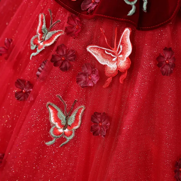 Vintage / Retro Red Appliques Lace Butterfly Glitter Velvet Prom Dresses 2025 Ball Gown Off-The-Shoulder Short Sleeve Backless Floor-Length / Long Formal Dresses