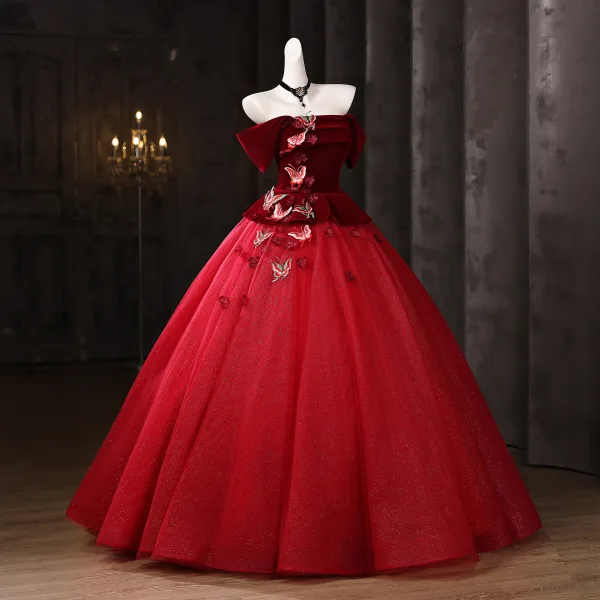 Vintage / Retro Red Appliques Lace Butterfly Glitter Velvet Prom Dresses 2025 Ball Gown Off-The-Shoulder Short Sleeve Backless Floor-Length / Long Formal Dresses