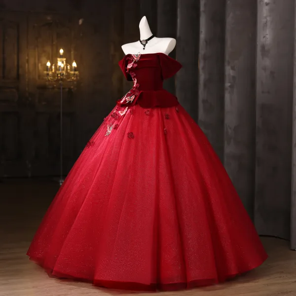 Vintage / Retro Red Appliques Lace Butterfly Glitter Velvet Prom Dresses 2025 Ball Gown Off-The-Shoulder Short Sleeve Backless Floor-Length / Long Formal Dresses