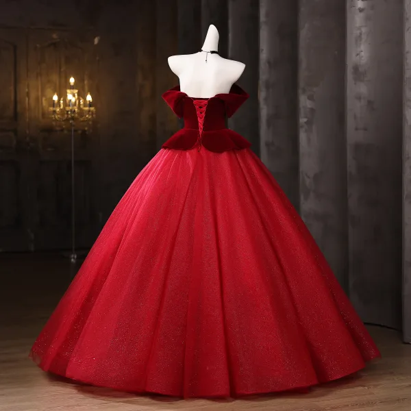 Vintage / Retro Red Appliques Lace Butterfly Glitter Velvet Prom Dresses 2025 Ball Gown Off-The-Shoulder Short Sleeve Backless Floor-Length / Long Formal Dresses