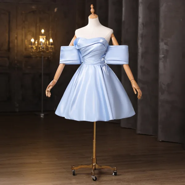 Fashion Sky Blue Homecoming Short Graduation Dresses 2025 Ball Gown Off-The-Shoulder Short Sleeve Backless