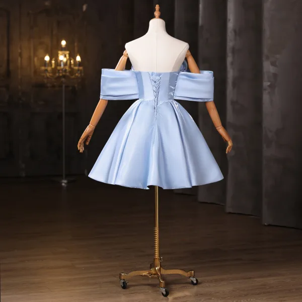 Fashion Sky Blue Homecoming Short Graduation Dresses 2025 Ball Gown Off-The-Shoulder Short Sleeve Backless