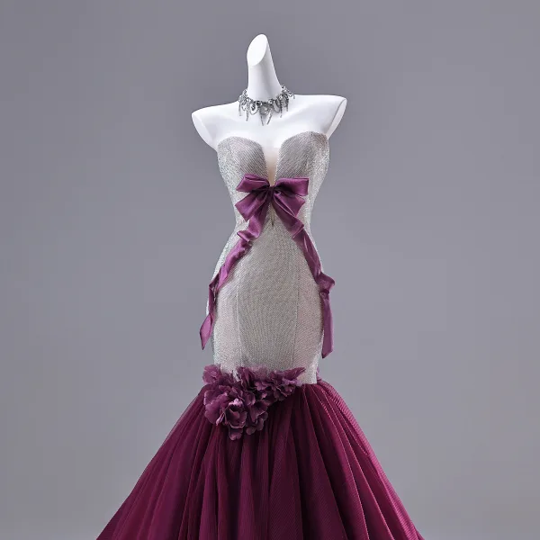 Sexy Purple Appliques Rhinestone Evening Dresses 2026 Trumpet / Mermaid Strapless Bow Sleeveless Backless Sweep Train Evening Party Formal Dresses