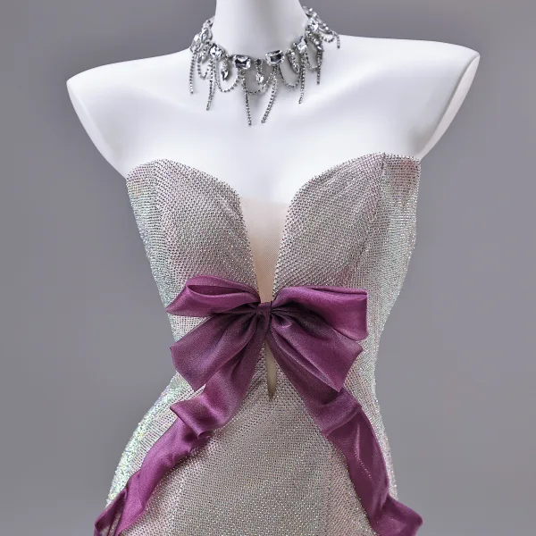 Sexy Purple Appliques Rhinestone Evening Dresses 2026 Trumpet / Mermaid Strapless Bow Sleeveless Backless Sweep Train Evening Party Formal Dresses