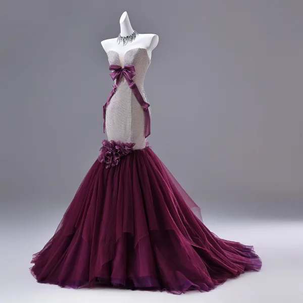 Sexy Purple Appliques Rhinestone Evening Dresses 2026 Trumpet / Mermaid Strapless Bow Sleeveless Backless Sweep Train Evening Party Formal Dresses