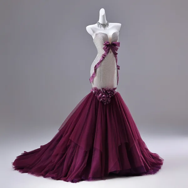 Sexy Purple Appliques Rhinestone Evening Dresses 2026 Trumpet / Mermaid Strapless Bow Sleeveless Backless Sweep Train Evening Party Formal Dresses