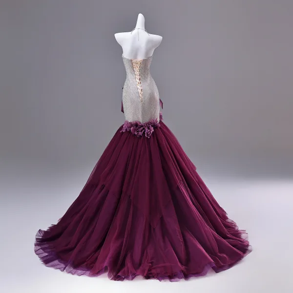 Sexy Purple Appliques Rhinestone Evening Dresses 2026 Trumpet / Mermaid Strapless Bow Sleeveless Backless Sweep Train Evening Party Formal Dresses