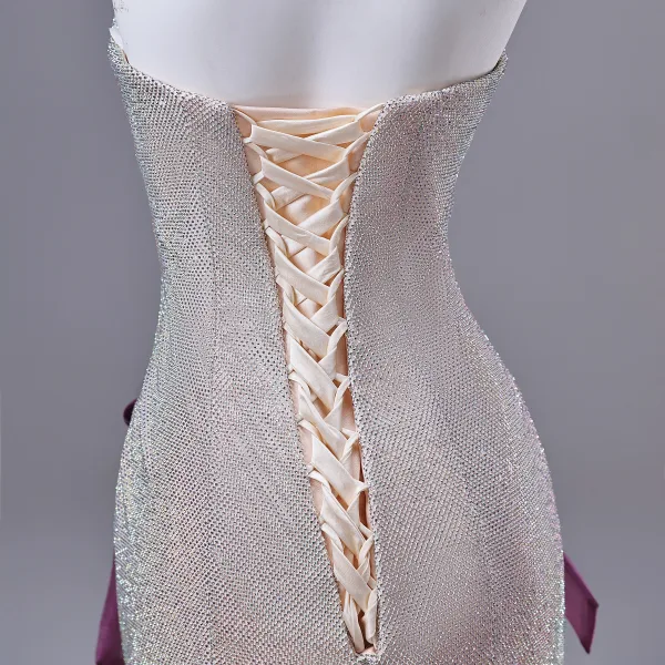 Sexy Purple Appliques Rhinestone Evening Dresses 2026 Trumpet / Mermaid Strapless Bow Sleeveless Backless Sweep Train Evening Party Formal Dresses