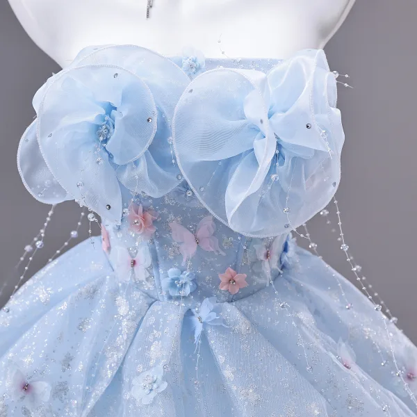 Fashion Sky Blue Appliques Butterfly Pearl Sequins Rhinestone Prom Dresses 2026 A-Line / Princess Strapless Sleeveless Backless Floor-Length / Long Formal Dresses