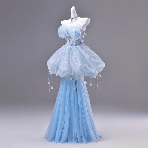Fashion Sky Blue Appliques Butterfly Pearl Sequins Rhinestone Prom Dresses 2026 A-Line / Princess Strapless Sleeveless Backless Floor-Length / Long Formal Dresses