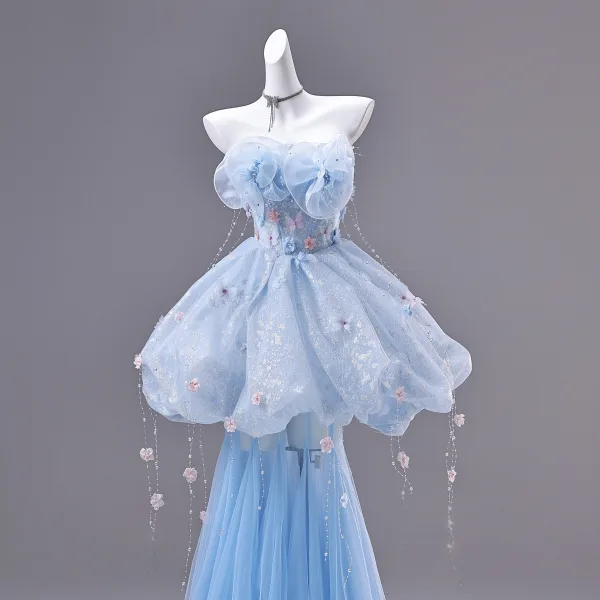 Fashion Sky Blue Appliques Butterfly Pearl Sequins Rhinestone Prom Dresses 2026 A-Line / Princess Strapless Sleeveless Backless Floor-Length / Long Formal Dresses