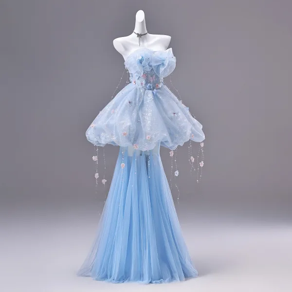 Fashion Sky Blue Appliques Butterfly Pearl Sequins Rhinestone Prom Dresses 2026 A-Line / Princess Strapless Sleeveless Backless Floor-Length / Long Formal Dresses