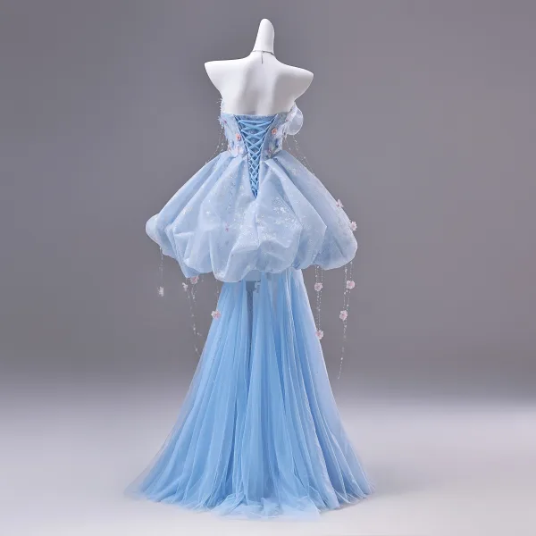 Fashion Sky Blue Appliques Butterfly Pearl Sequins Rhinestone Prom Dresses 2026 A-Line / Princess Strapless Sleeveless Backless Floor-Length / Long Formal Dresses