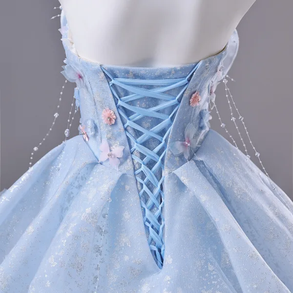 Fashion Sky Blue Appliques Butterfly Pearl Sequins Rhinestone Prom Dresses 2026 A-Line / Princess Strapless Sleeveless Backless Floor-Length / Long Formal Dresses