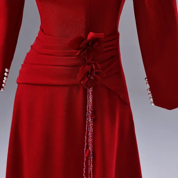 Elegant Red Appliques Prom Dresses 2026 A-Line / Princess Square Neckline Long Sleeve Backless Floor-Length / Long Formal Dresses
